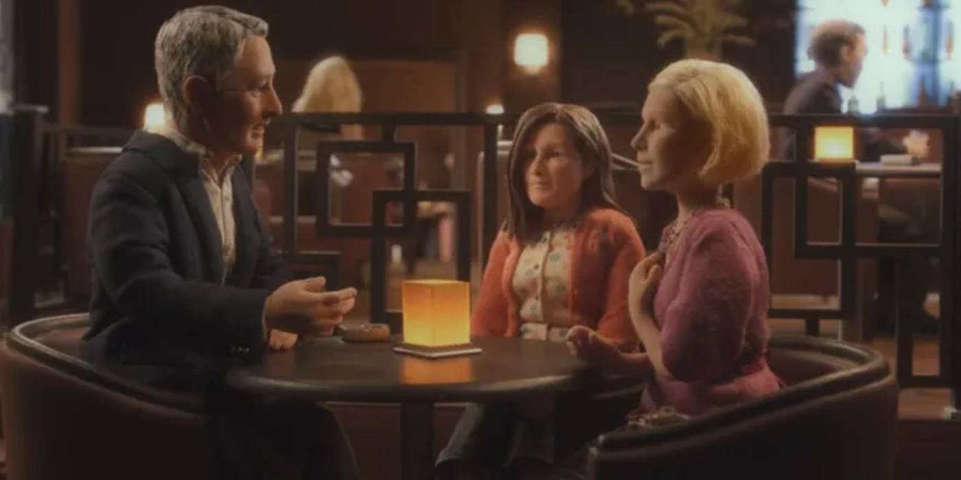 Michael, Lisa, and Emily at a restaurant in Anomalisa
